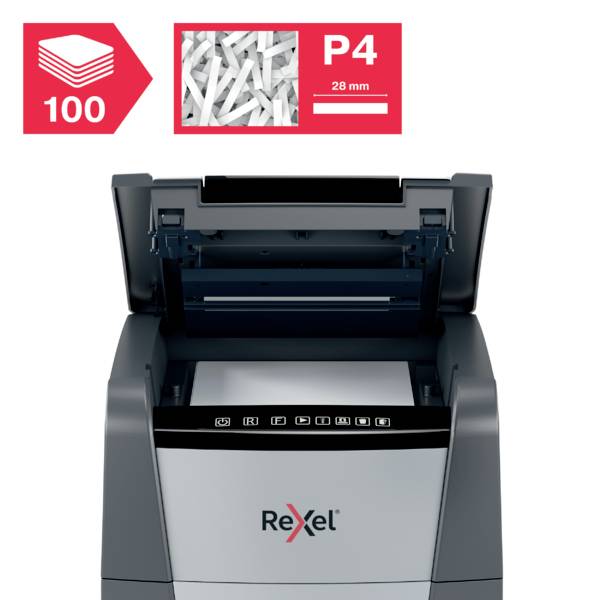 Rexel Optimum AutoFeed+ 100X Niszczarka 100 ark. Mikronacięcia 4 x 28 mm P-4 34 l Niszczy także spinacze do papieru, zsz-5