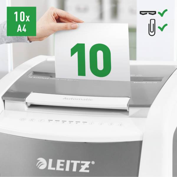 Ręka wkłada kartkę papieru z cyfrą '10' do niszczarki dokumentów. Urządzenie jest przystosowane do niszczenia 10 kartek formatu A4. Dopuszcza się obecność spinaczy biurowych i zszywek.