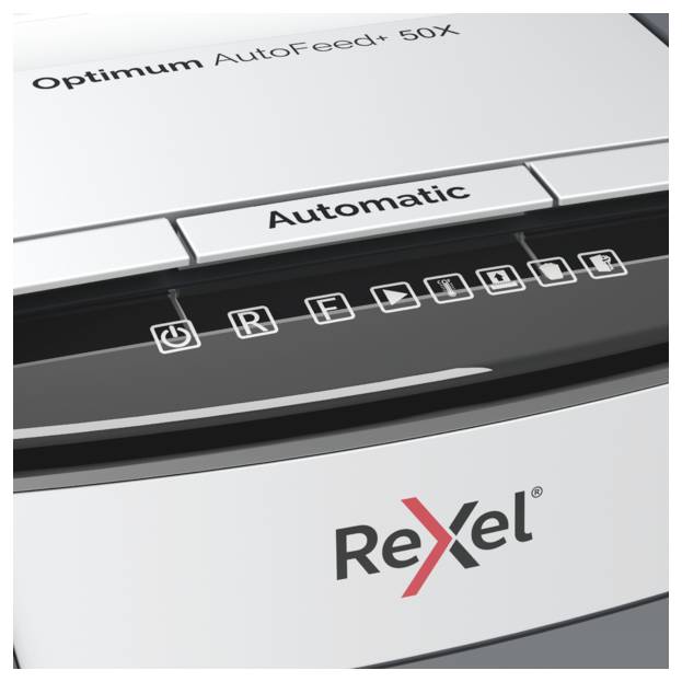 Шредер Rexel Optimum AutoFeed+ 50X, 50 аркушів, мікророзрізи 4 x 28 мм, P-4 20L, також подрібнює скріпки, скоби, кредитні картки