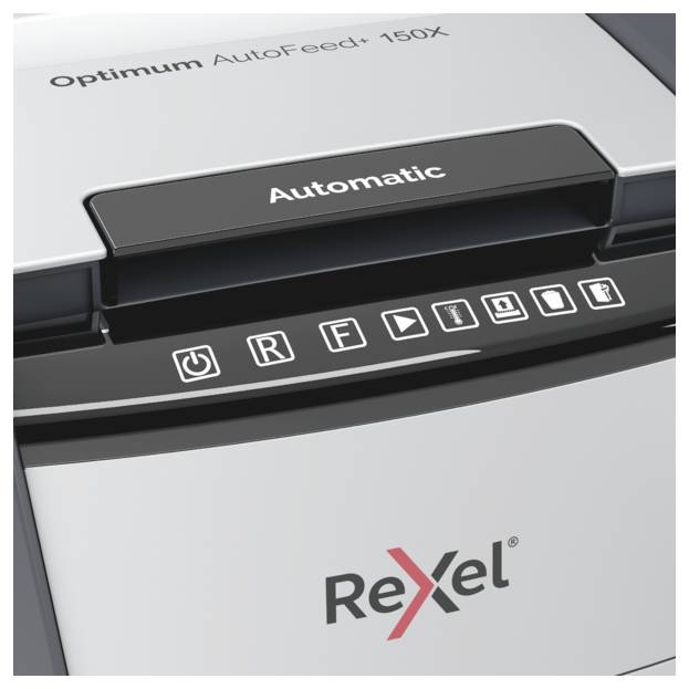 Шредер Rexel Optimum AutoFeed+ 150X, 150 аркушів, мікророзрізи 4 x 28 мм, P-4 44L, також подрібнює скріпки, скоби, кредитні картки