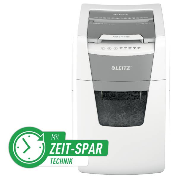 Biały niszczarka dokumentów marki Leitz z etykietą technologii oszczędzania czasu, prezentująca pocięte papier w dolnej szufladzie.