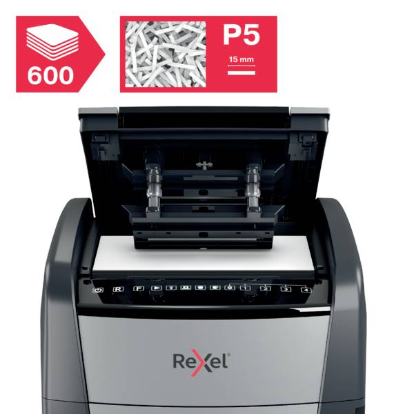 Rexel Optimum AutoFeed+ 600M Niszczarka 600 ark. Mikronacięcia 2 x 15 mm P-5 110 l Niszczy także spinacze do papieru, zs-11