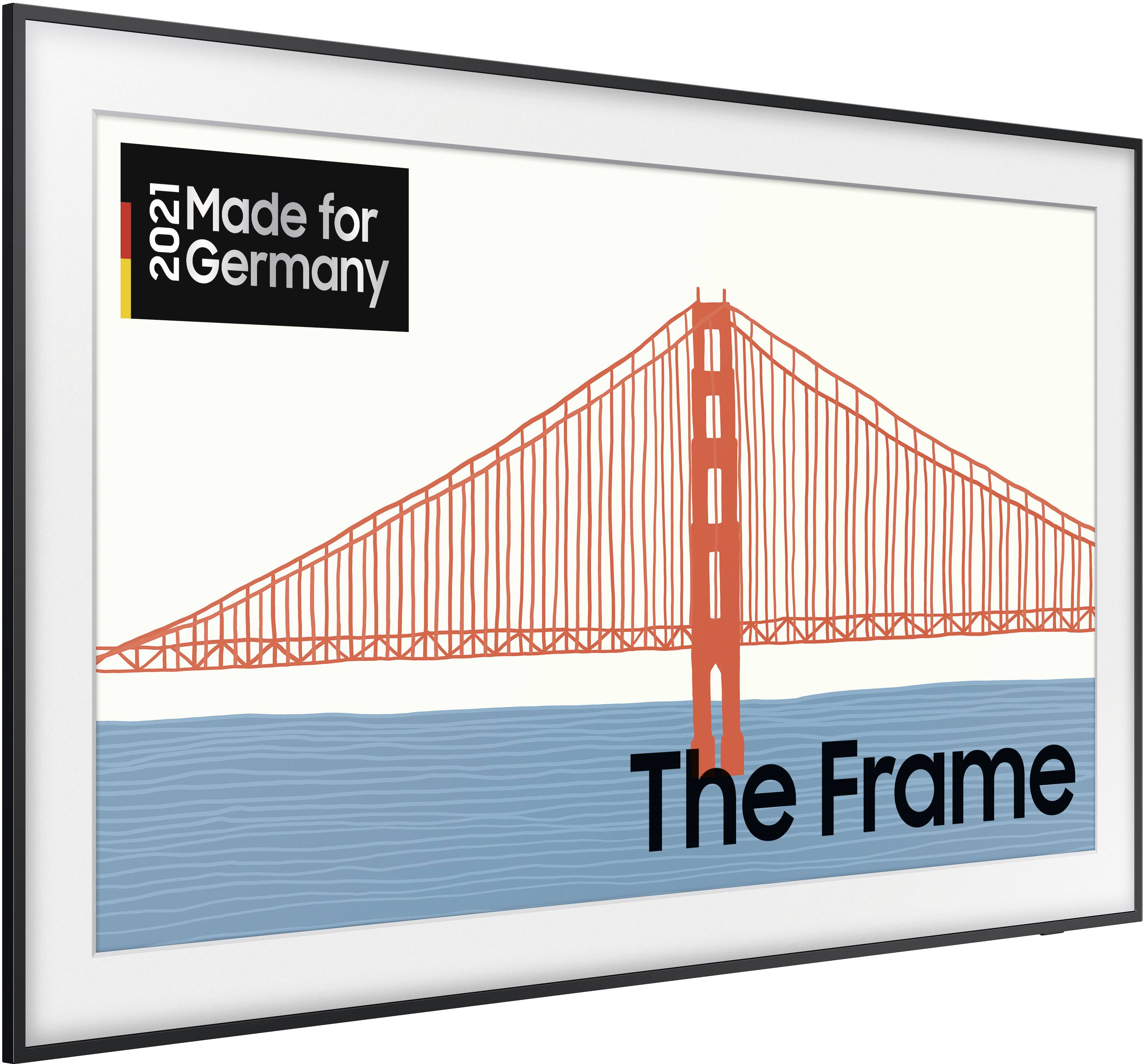 Reklama przedstawia czerwoną wieżę mostową nad niebieską wodą z tekstem '2021 Made for Germany' oraz 'The Frame'.