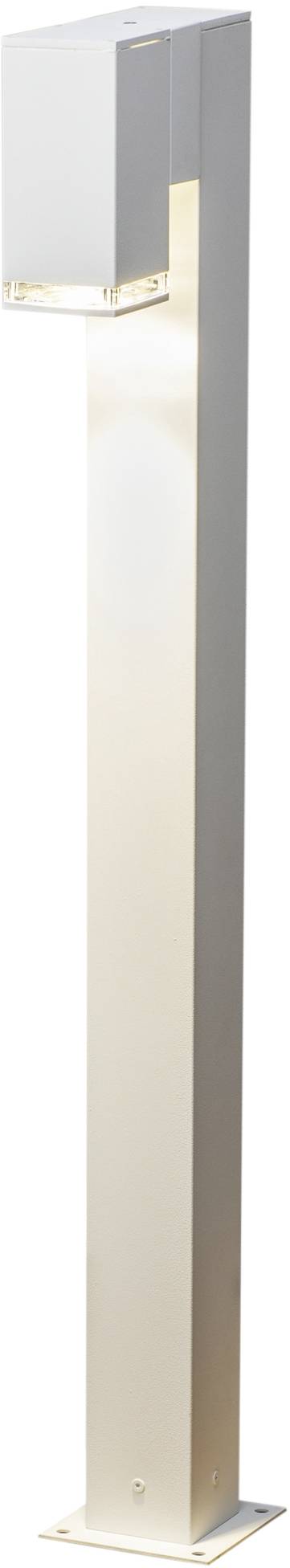 Nowoczesna, prostokątna lampa stojąca wykonana z metalu, głównie w kolorach białym i złotym, przeznaczona do użytku na zewnątrz.