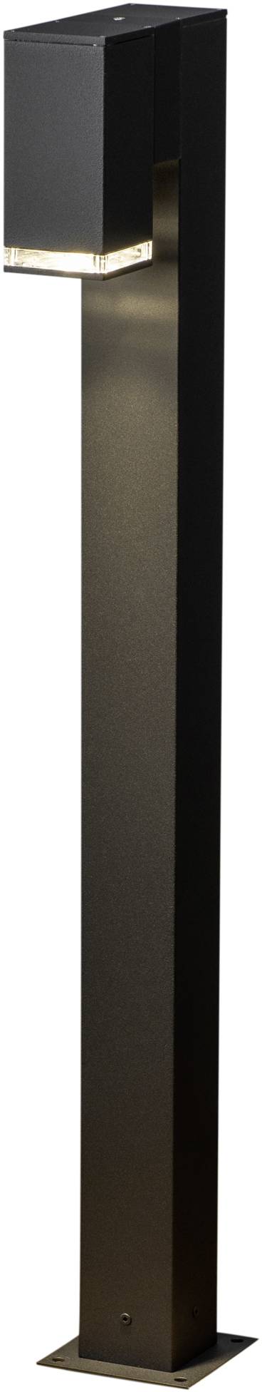 Metalowa lampa stojąca z prostokątną, podświetlaną górą, idealna do nowoczesnej architektury zewnętrznej.