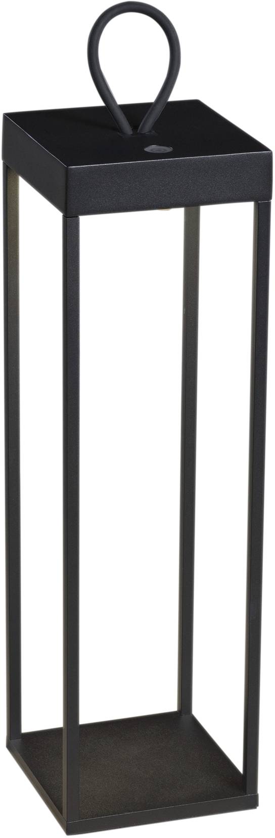 Prosta, prostokątna metalowa latarnia z czarną ramą, otwartą strukturą i solidnym uchwytem u góry.