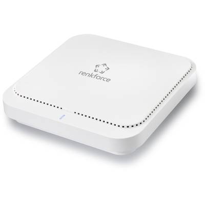 Biały, kwadratowy router WiFi marki Renkforce, o zaokrąglonych narożnikach i małej diodzie LED wskazującej status z przodu urządzenia.