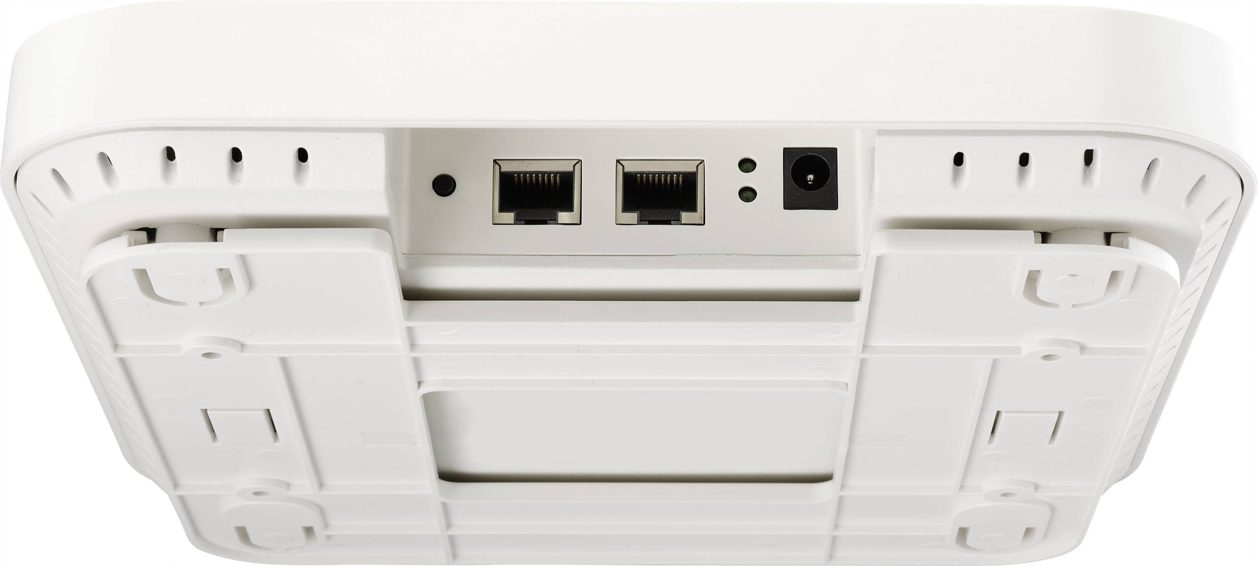 Biały router WiFi z dwoma portami Ethernet i gniazdem zasilania z tyłu. Urządzenie posiada opcje montażowe.