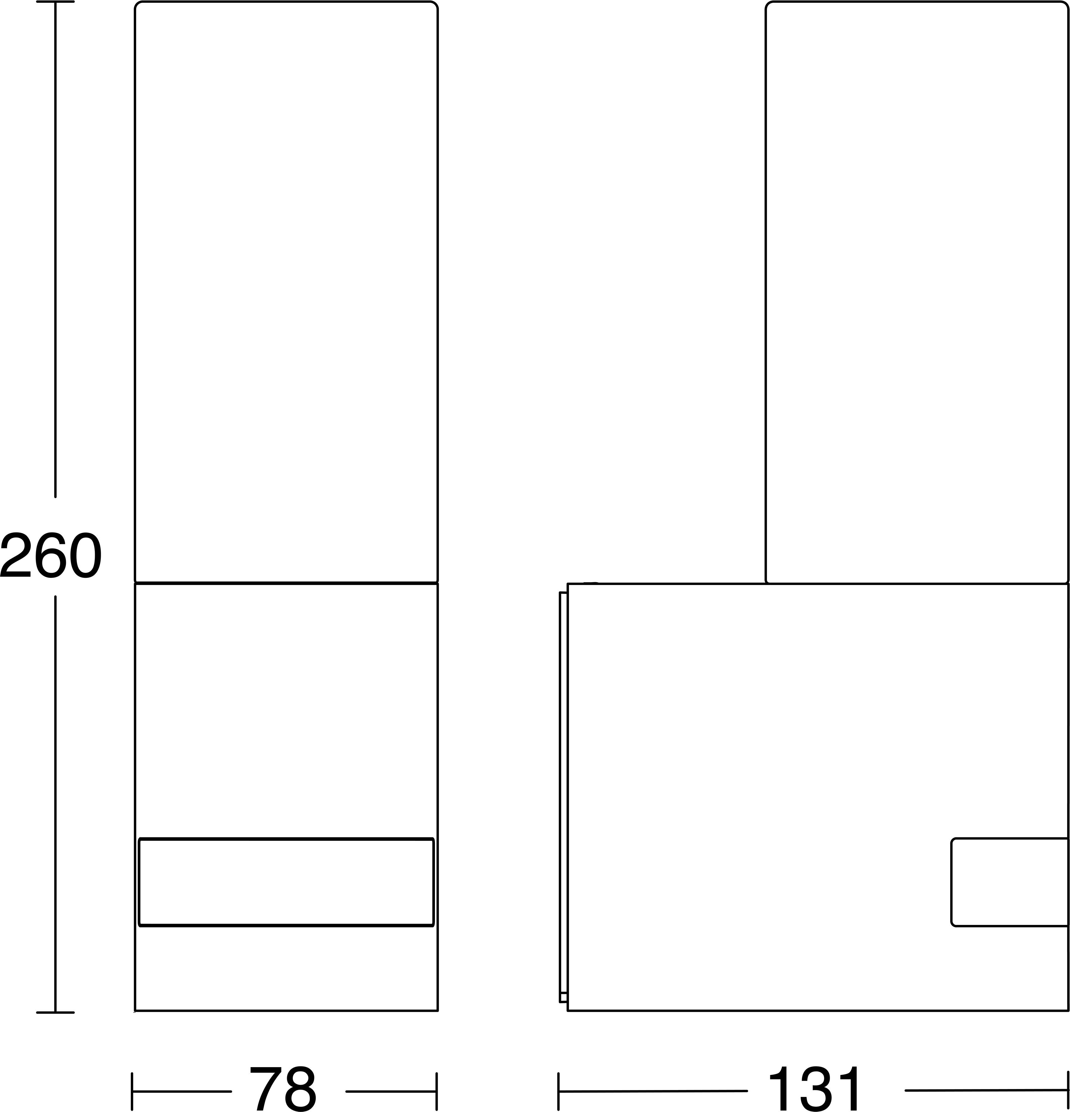 Rysunek techniczny prostokątnego obudowy lub pudełka, pokazany widok od przodu i z boku, z zaznaczonymi wymiarami 260, 78 i 131.