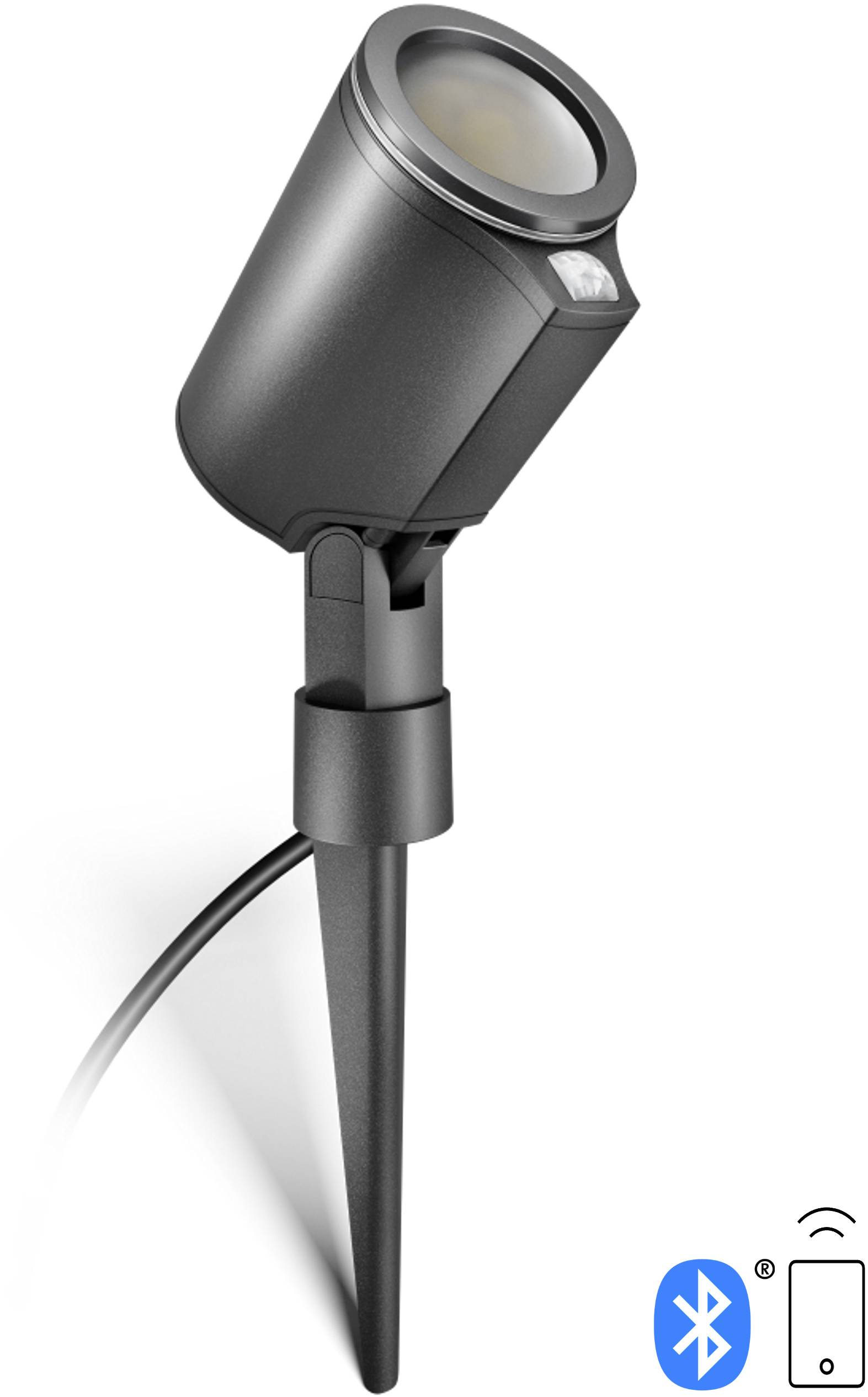 Czarna lampa ogrodowa z możliwością wbicia w grunt oraz sterowaniem Bluetooth, idealna do nastrojowego oświetlenia przestrzeni zewnętrznych.