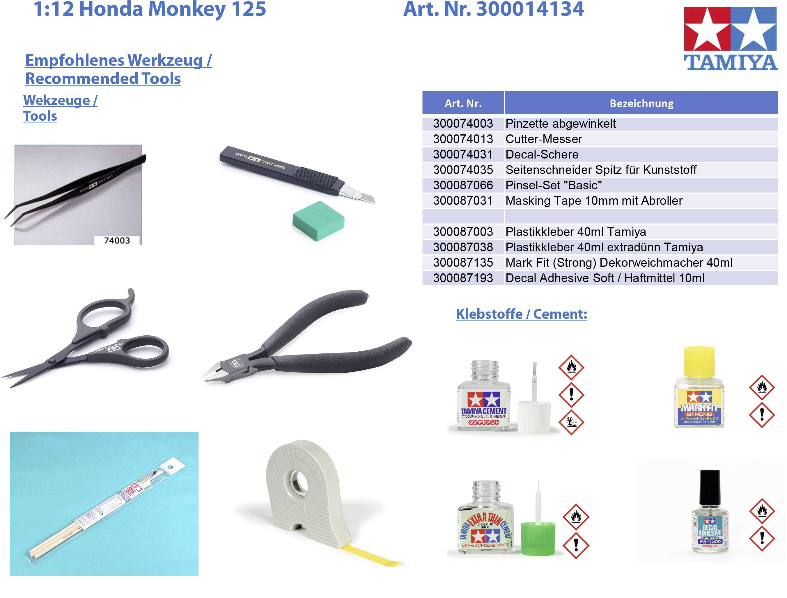 Zalecane narzędzia i kleje do modelarstwa, w tym pęsety, noże do cięcia i kleje Tamiya z numerami produktów.
