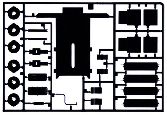 Plastikowy zestaw modelarski z różnymi elementami zamocowanymi na ramce, przeznaczony do złożenia miniaturowego pojazdu.