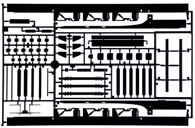 Czarno-biały rysunek techniczny z różnymi kształtami i liniami przypominającymi elementy konstrukcyjne. Bez rozpoznawalnych oznaczeń.