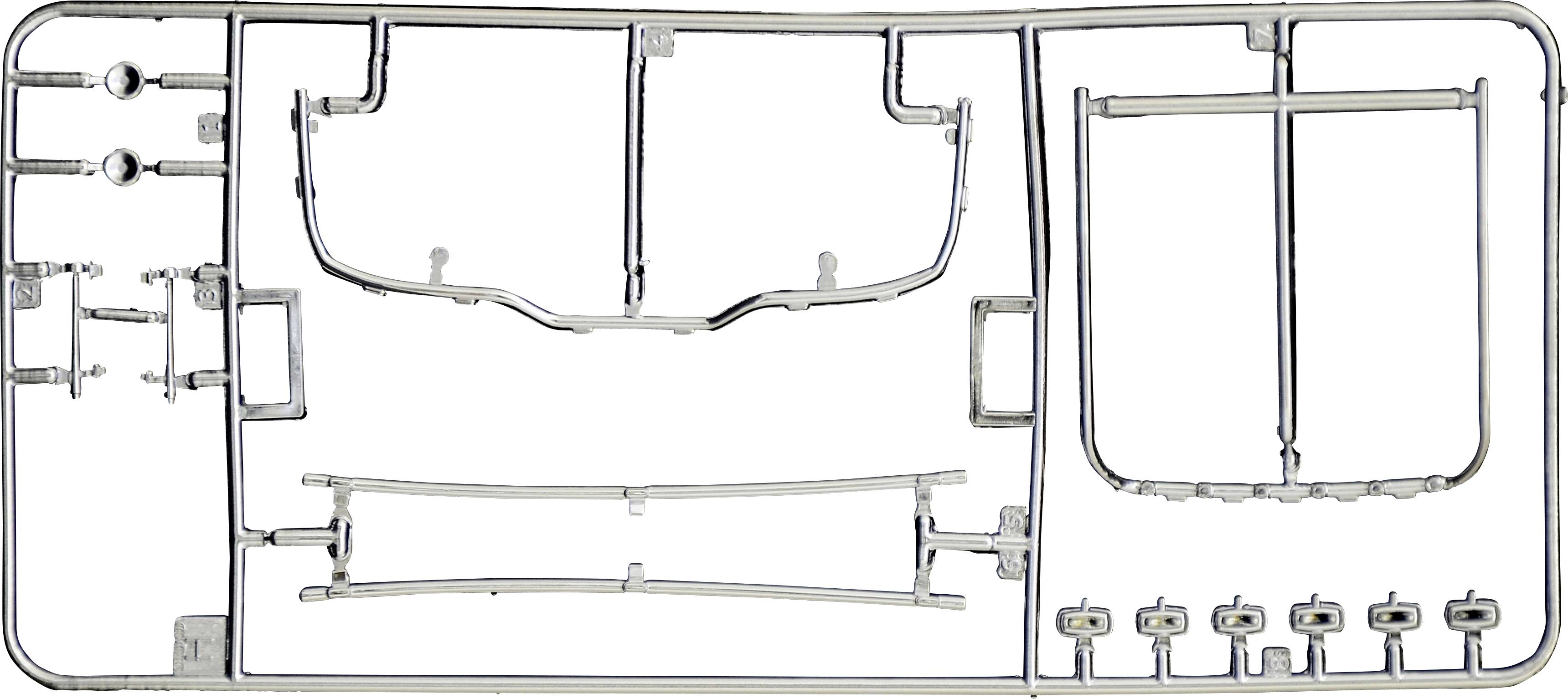 Rama odlewnicza do modelarstwa, zawierająca kilka elementów o różnych rozmiarach i kształtach, wykonanych z tworzywa sztucznego, przeznaczona do montażu modelu.
