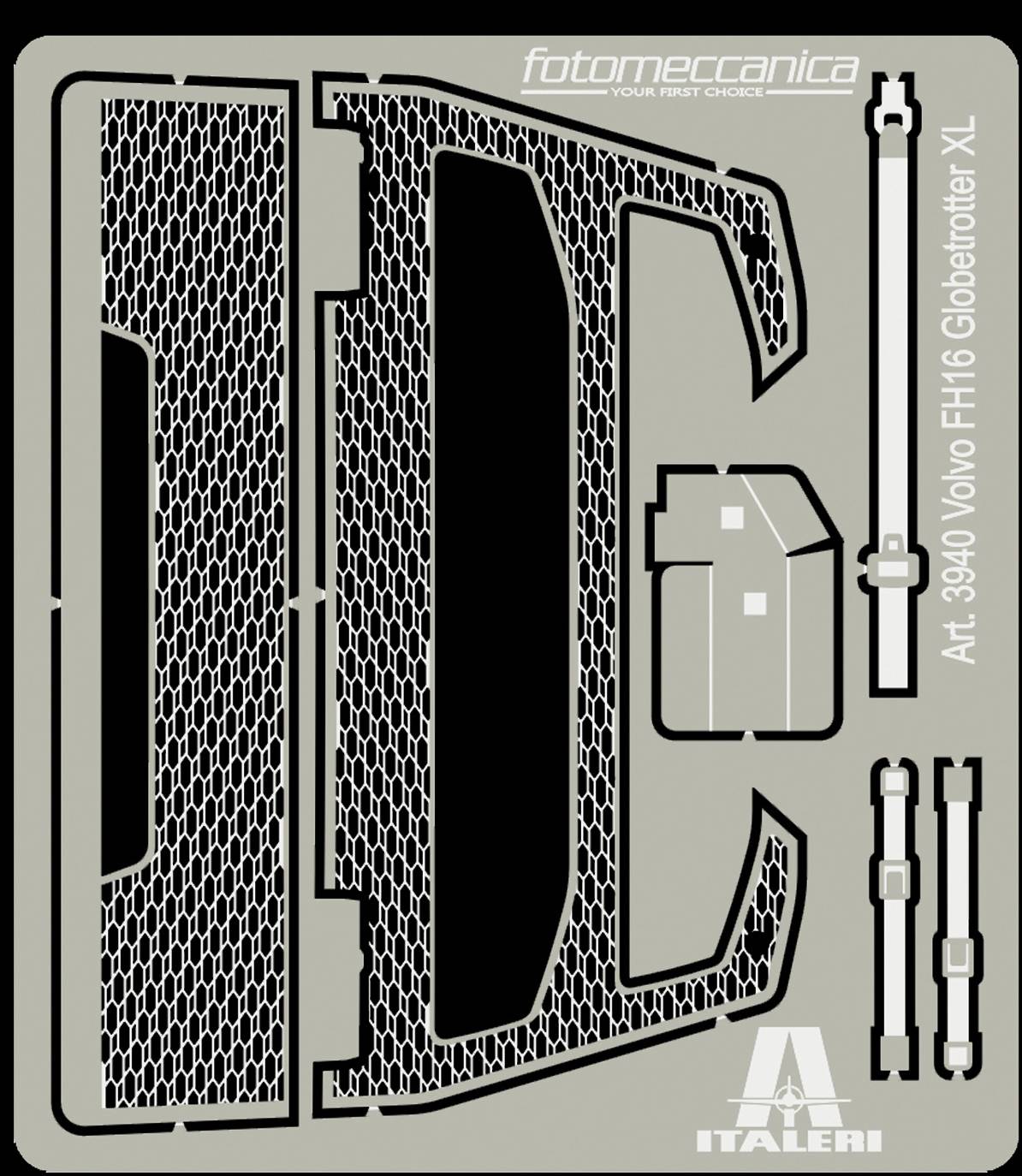 Arkusz blachy z elementami zestawu modelarskiego marki Italeri, oznaczony napisem 'Art. 3940 Volvo FH16 Globetrotter XL'.
