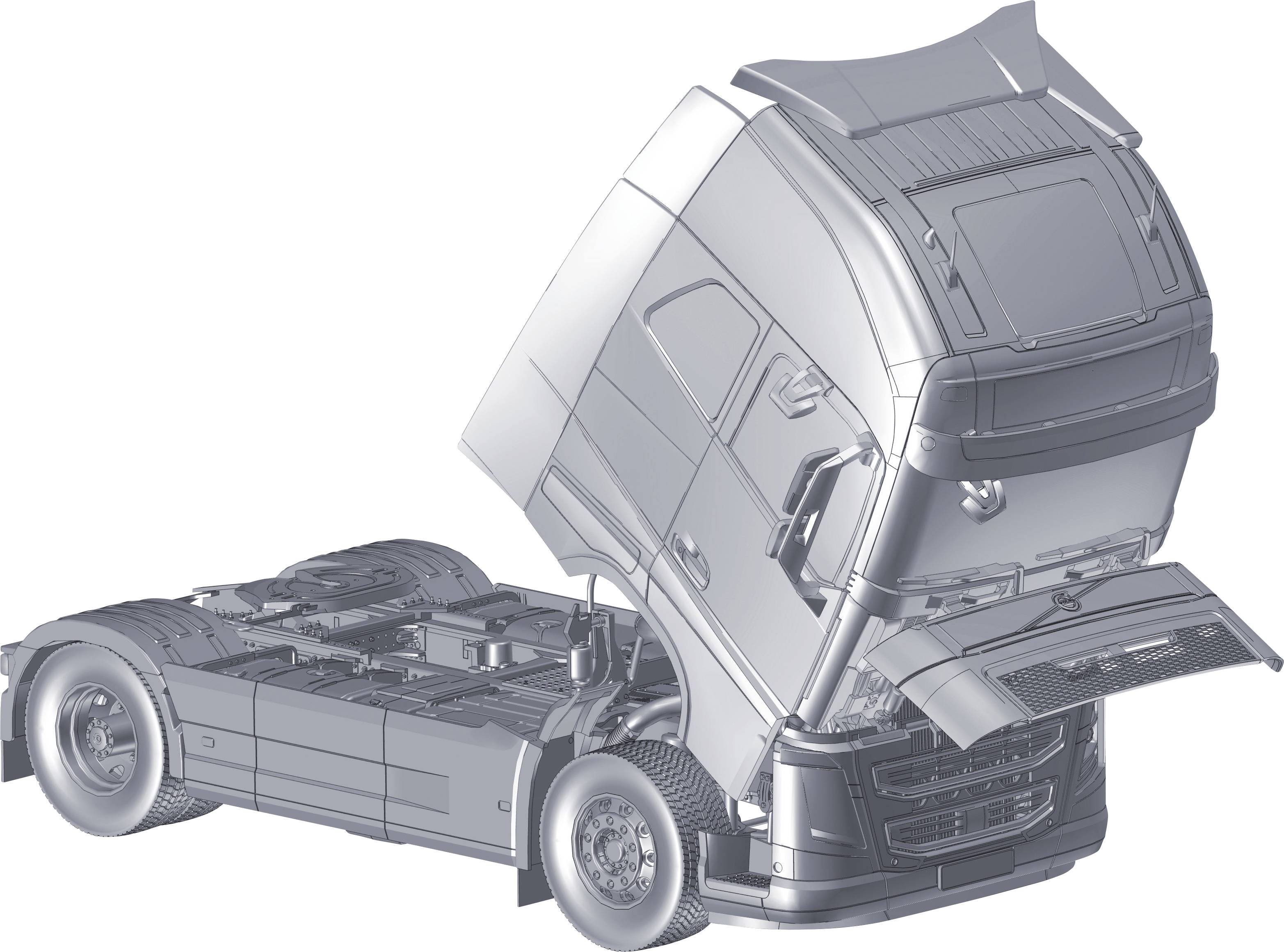 Komputerowa animacja ciężarówki z przechyloną kabiną kierowcy, prezentująca systemy silnikowe i strukturę pojazdu w celu zilustrowania techniki.