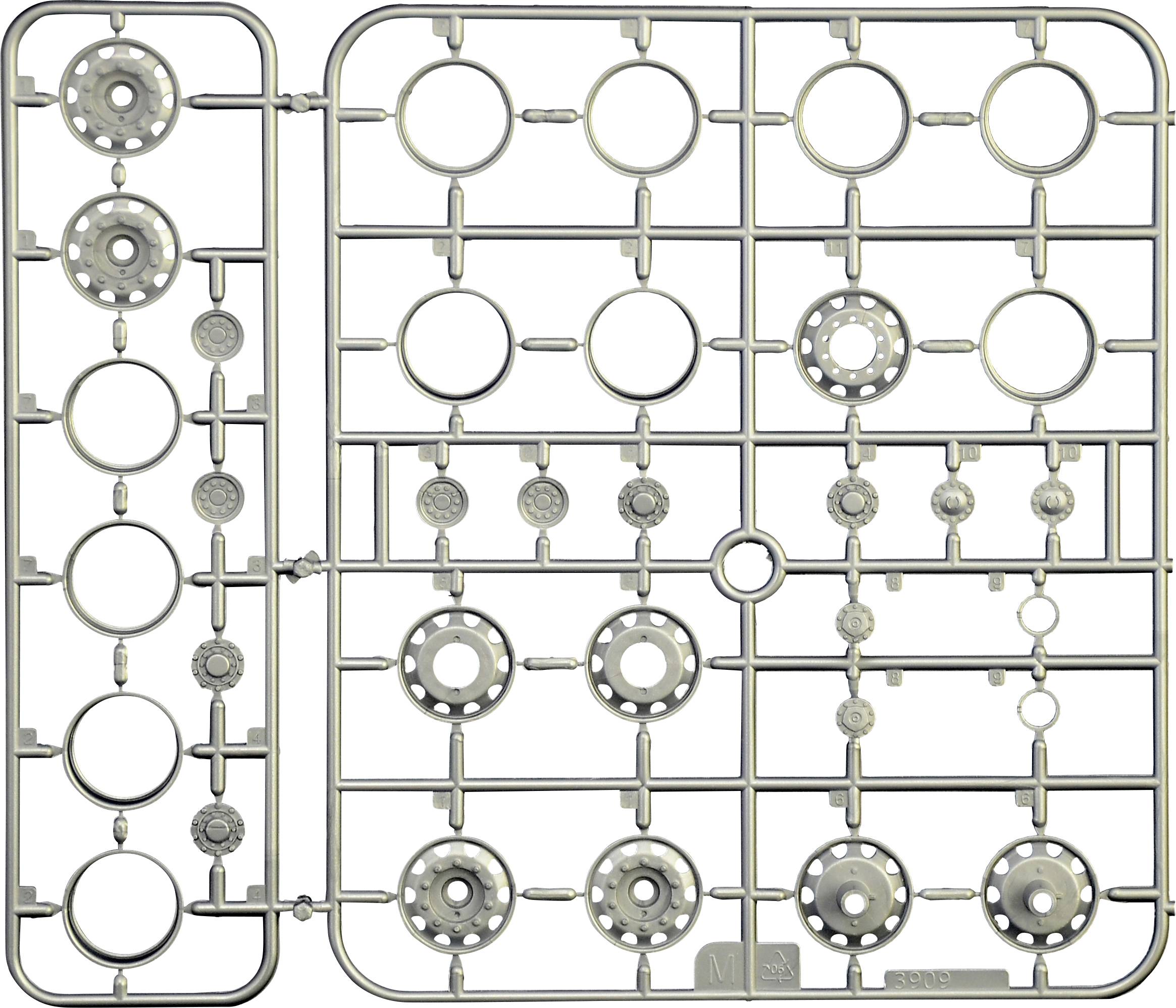 Plastikowy zestaw modelarski ze składającymi się z części w kształcie kół na ramie. Elementy są nieukształtowane i gotowe do złożenia.