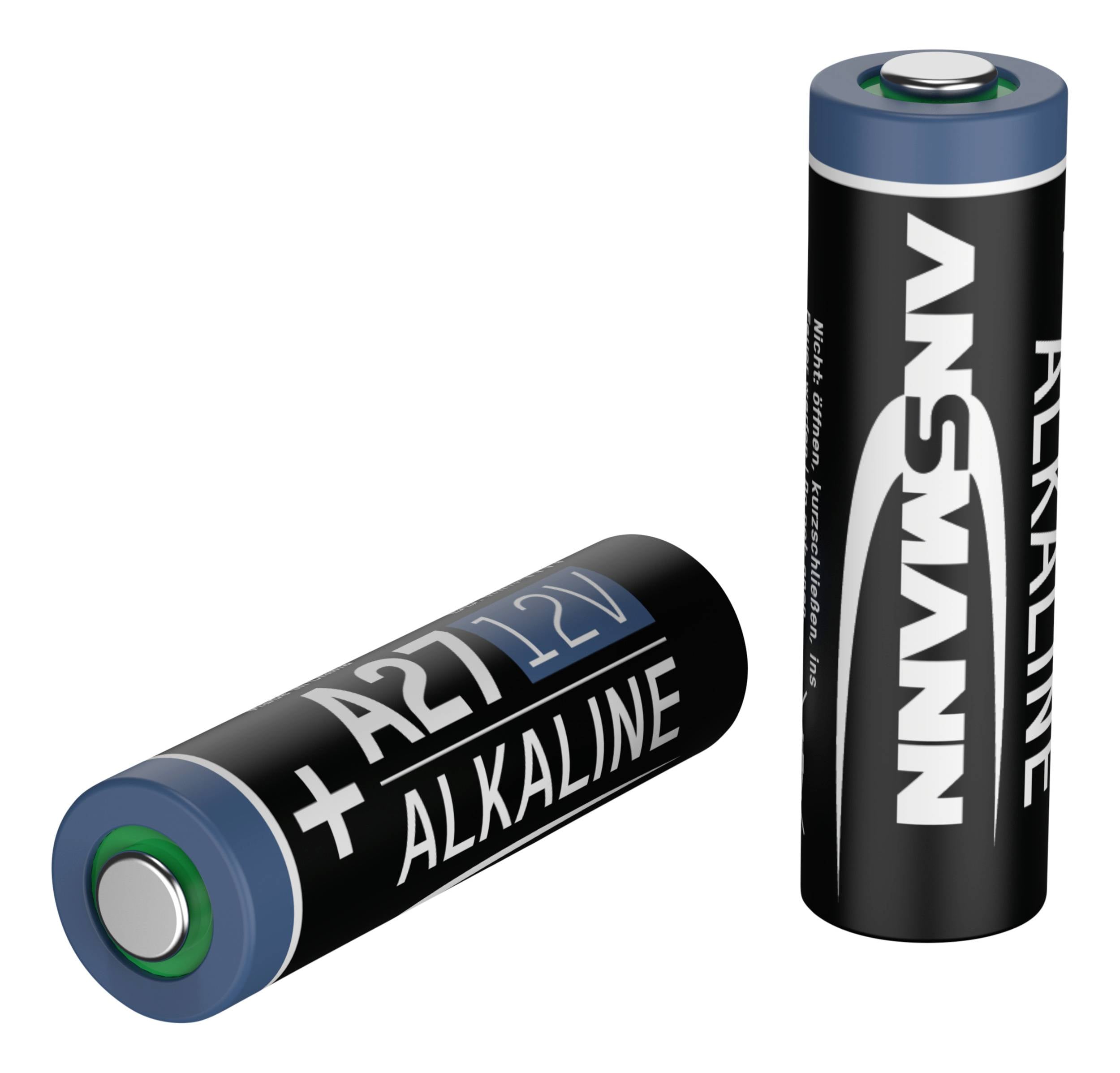 Dwie czarne baterie alkaliczne. Jedna leży poziomo z napisem 'A27 12V', druga stoi pionowo z widoczną marką.