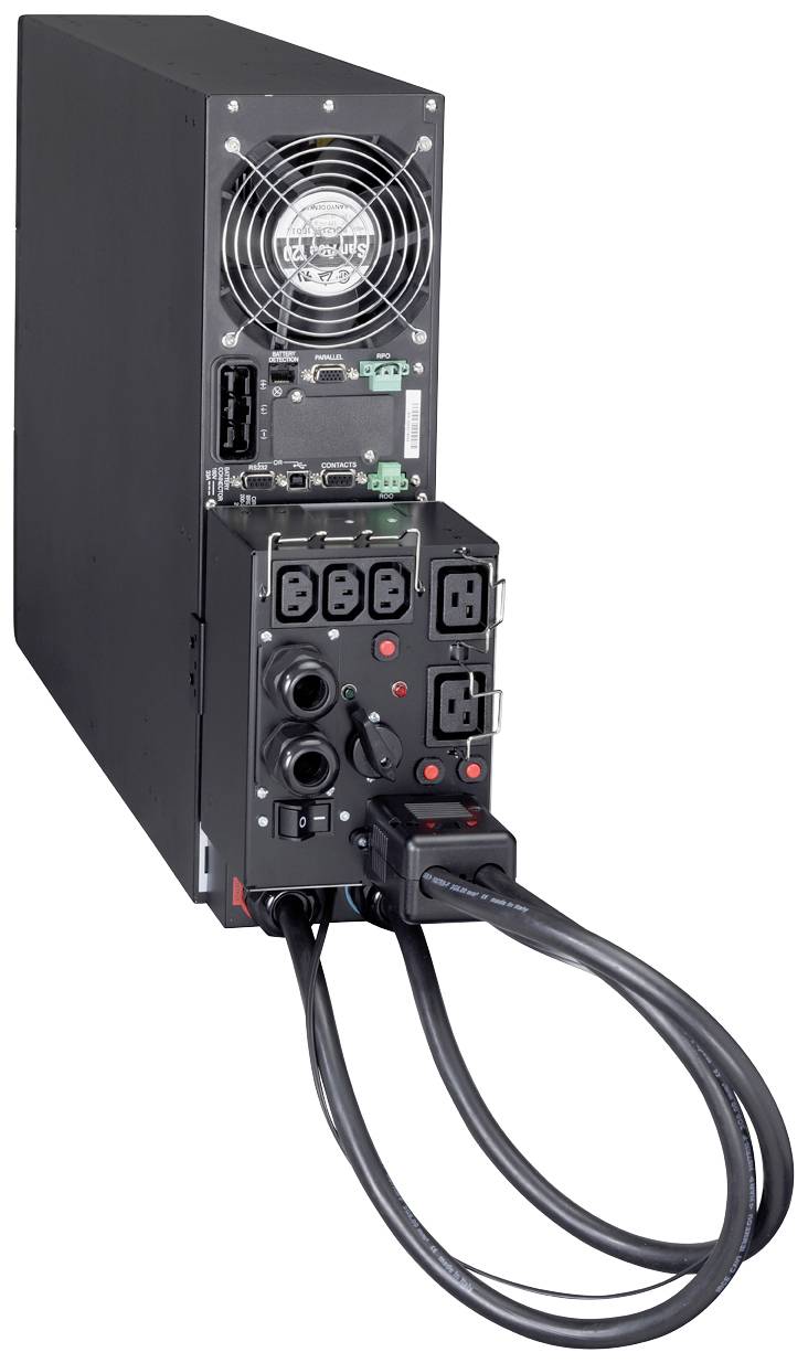Zasilacz UPS (Uninterruptible Power Supply) z wentylatorem i wieloma gniazdami elektrycznymi, przeznaczony do zastosowań w serwerowniach.