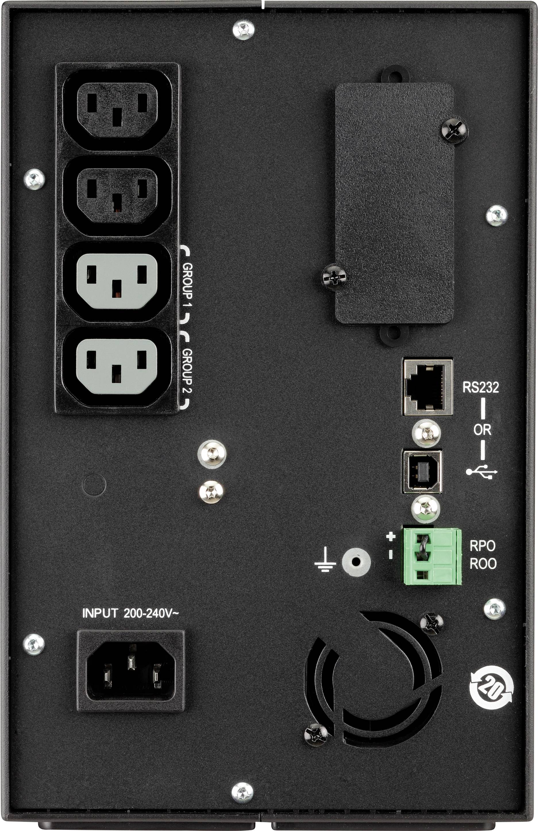 Tylna strona urządzenia elektronicznego z różnymi złączami, w tym złączem zasilania, portami RS232 oraz wentylatorami.