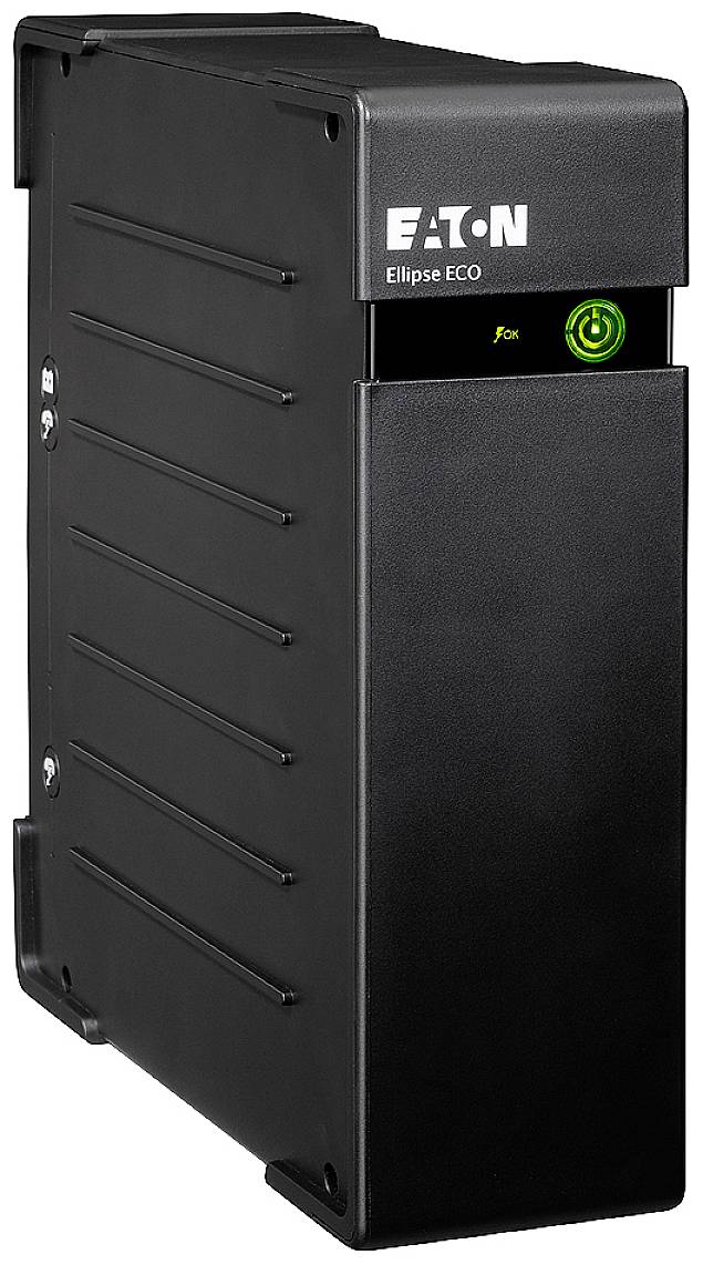 Czarne urządzenie UPS firmy Eaton, model 'Ellipse ECO', z podświetlonym przełącznikiem sieciowym na przedniej części obudowy.