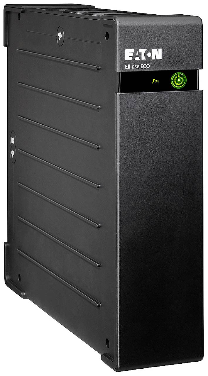 Czarny zasilacz UPS Eaton Ellipse ECO z zielonym przyciskiem włączania i logo marki. Urządzenie zapewnia ochronę przed awarią zasilania.