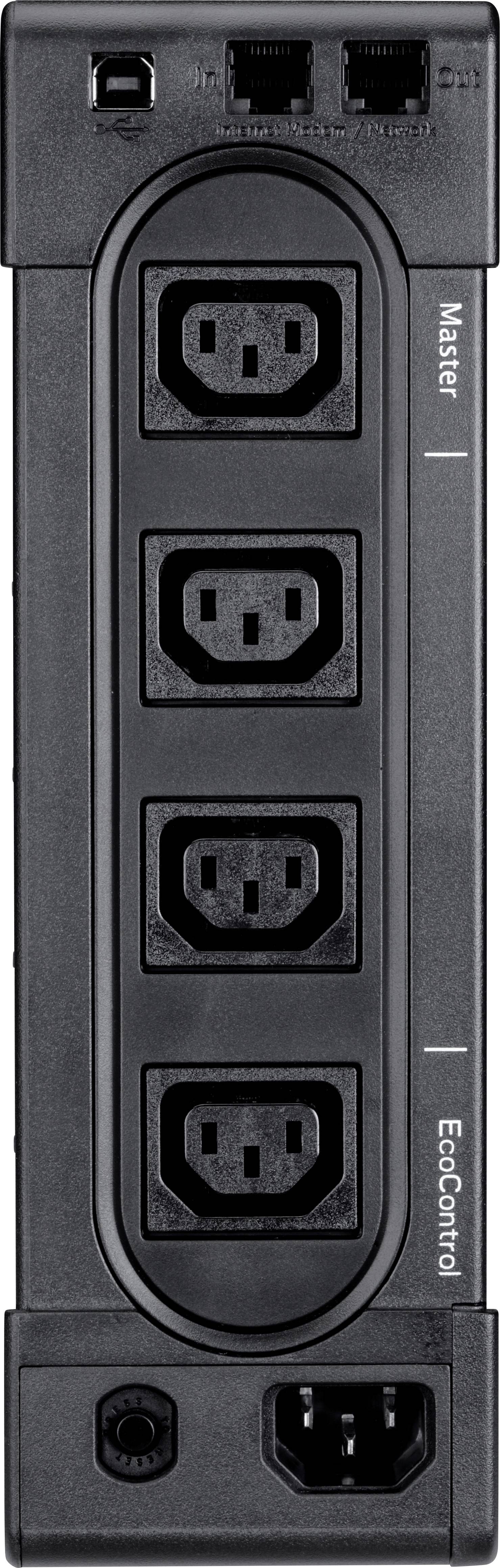 Widok z tyłu listwy zasilającej z pięcioma gniazdami, oznaczonej napisami 'Master' i 'EcoControl'. Na górze widoczne są dwa złącza sieciowe.