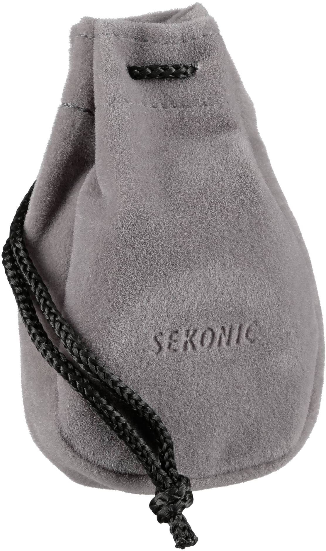 Szary worek materiałowy ze sznurkiem ściągającym, z nadrukiem 'Sekonic'. Odpowiedni do przechowywania małych przedmiotów lub urządzeń.