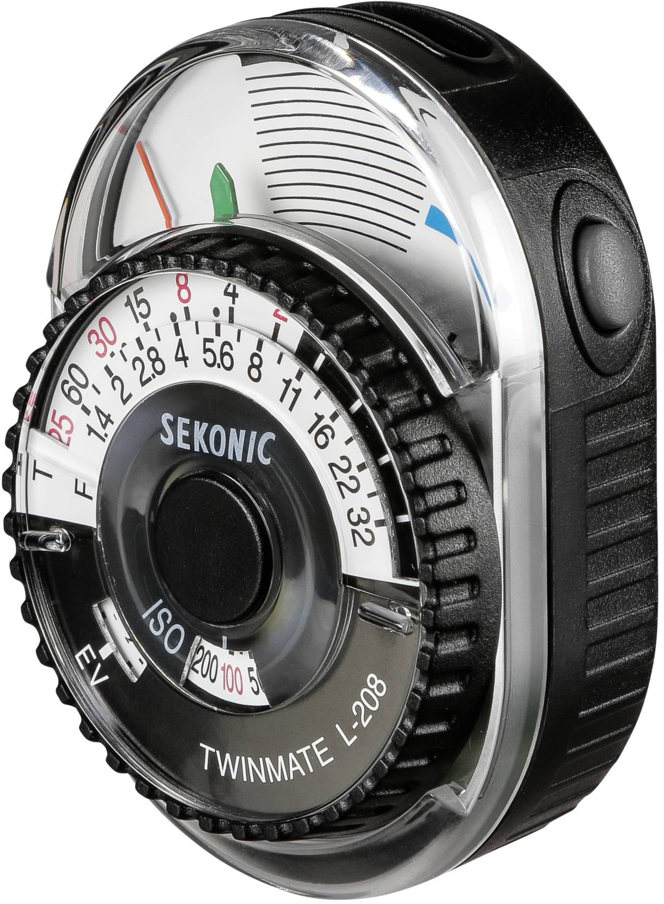 Ręczny miernik naświetlenia w czarnej obudowie, z przezroczystą tarczą oraz pokrętłem do ustawiania wartości ISO i EV.