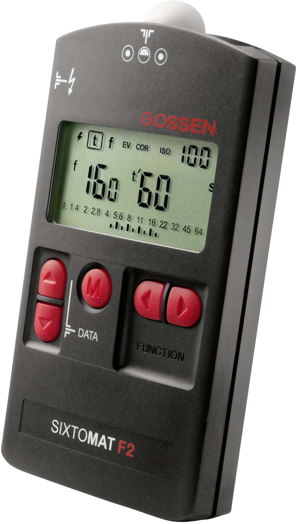 Ręczny miernik naświetleń z wyświetlaczem cyfrowym, czerwonym panelem sterowania i napisem 'GOSSEN Sixtomat F2'. Wyświetla wartości ekspozycji.