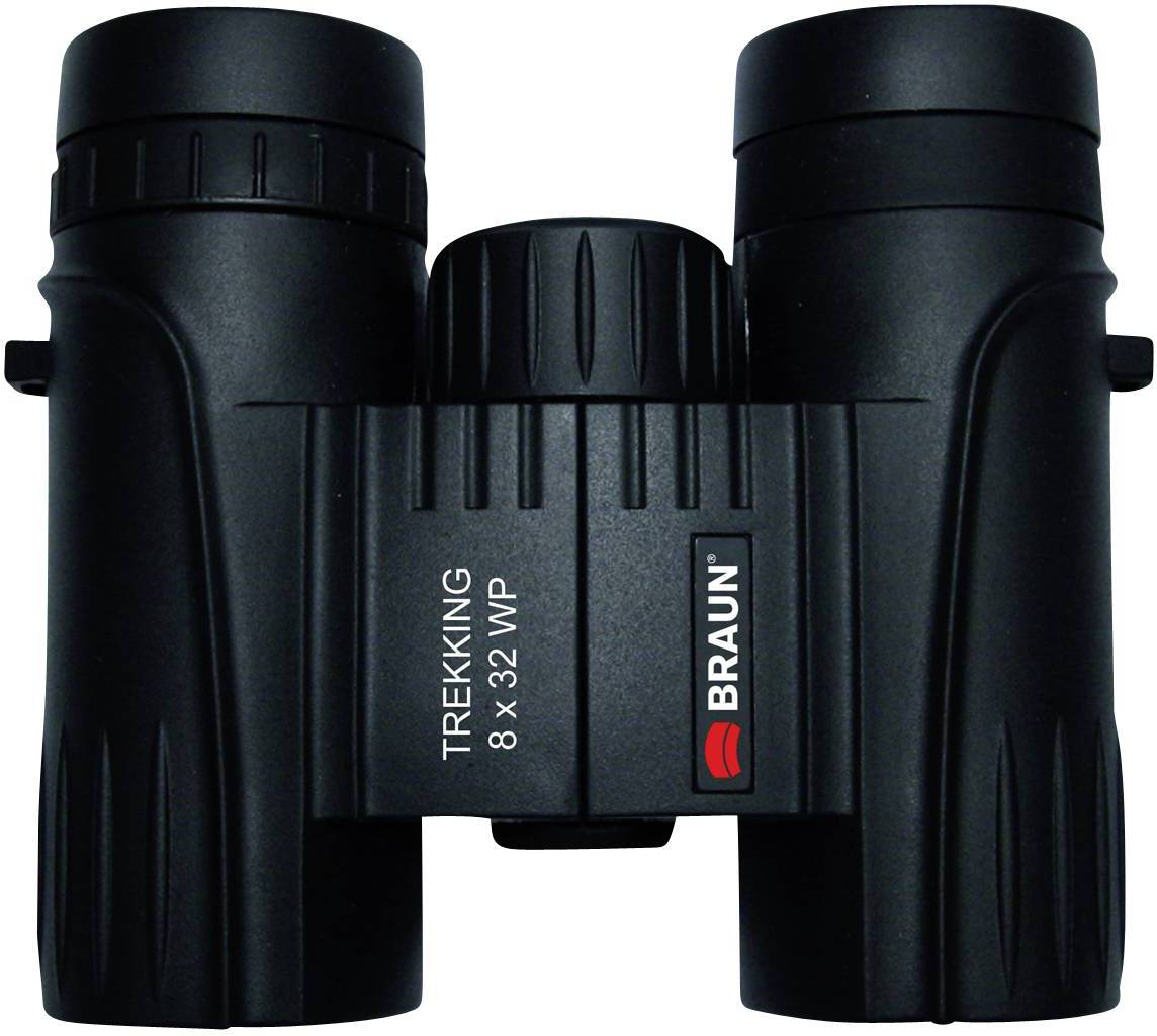 Czarna lornetka z napisem 'BRAUN TREKKING 8x32 WP' na części środkowej, odpowiednia do aktywności na świeżym powietrzu.
