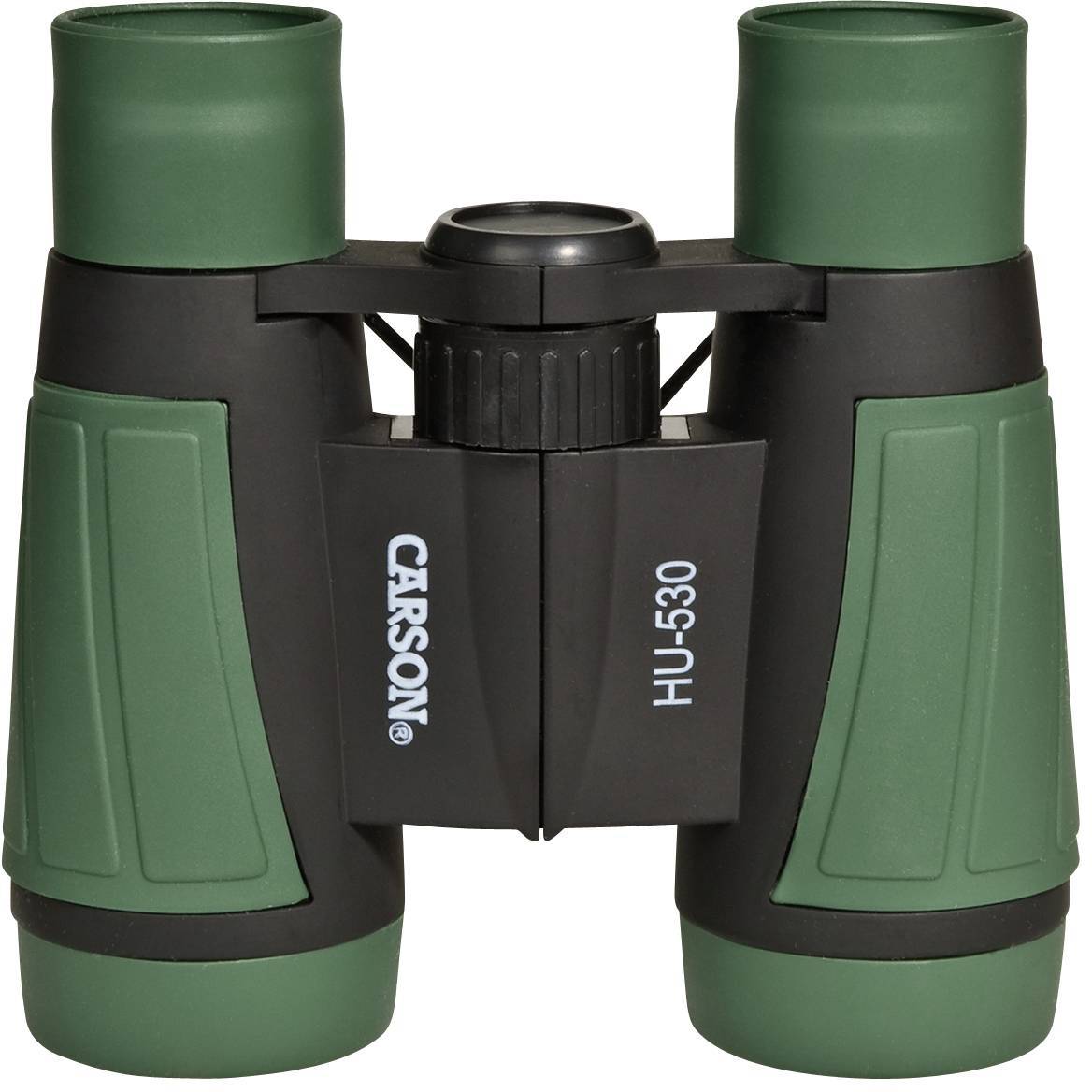 Zielona lornetka z czarną częścią środkową i napisem firmowym 'Carson HU-530'.