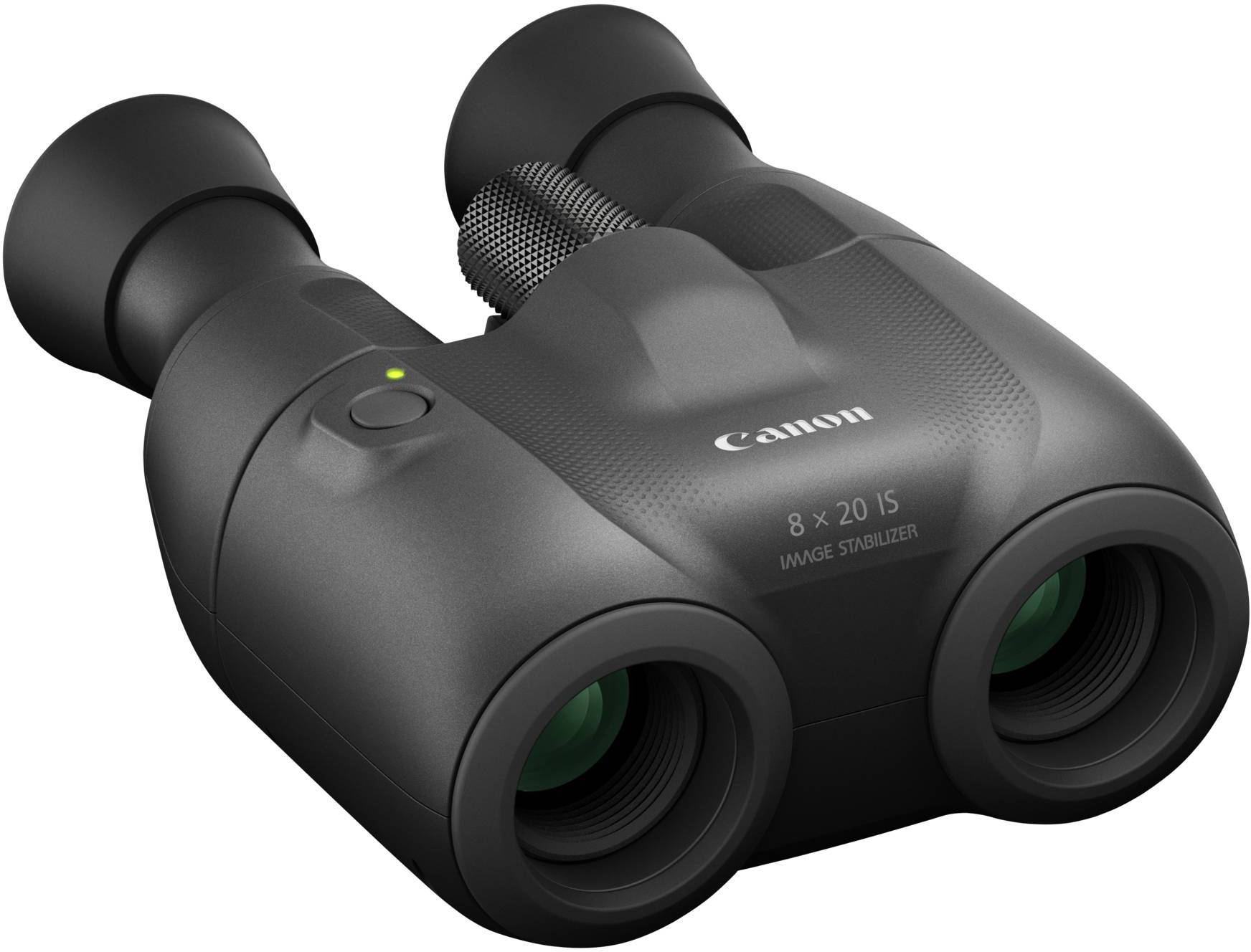 Czarna lornetka z napisem 'Canon 8x20 IS'. Posiada stabilizator obrazu i jest przeznaczona do użytku w plenerze.