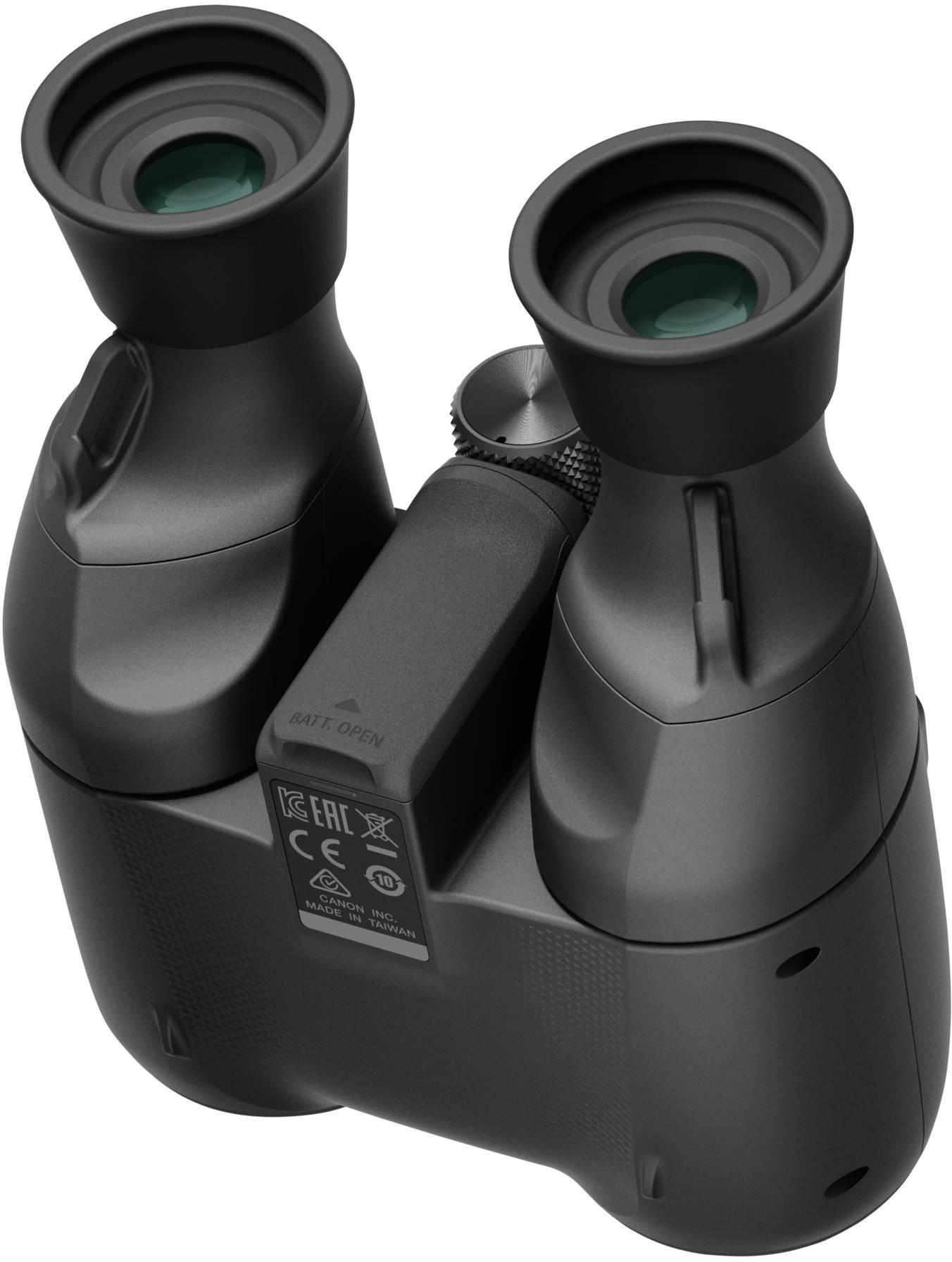 Lornetka w czarnym designie, widok z przodu. Pokazuje dwie soczewki okularowe i centralne ustawianie ostrości. Odpowiednia do aktywności na świeżym powietrzu i obserwacji.