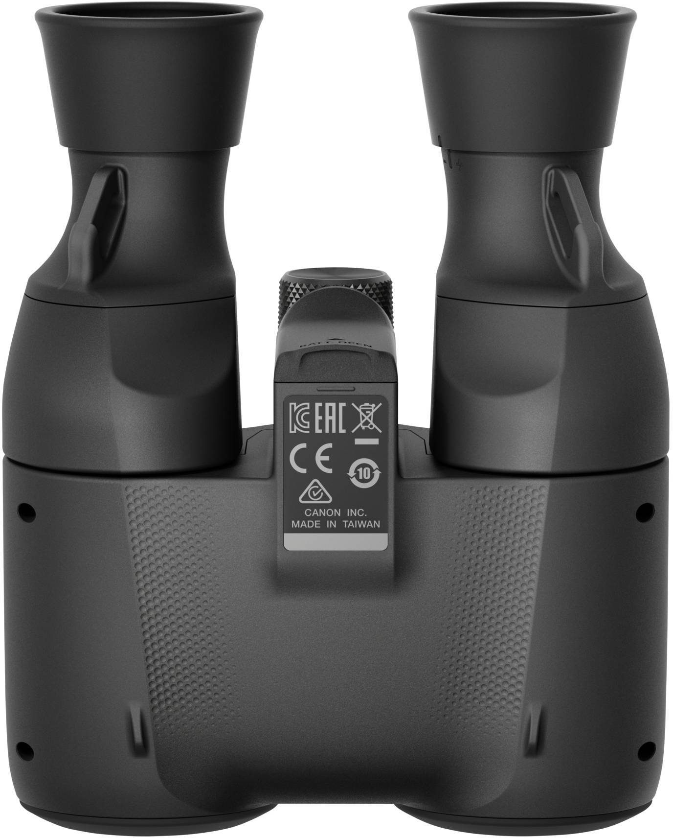 Czarna lornetka widziana od tyłu, pokazująca markę, oznaczenie CE oraz kraj pochodzenia 'Made in Taiwan'.