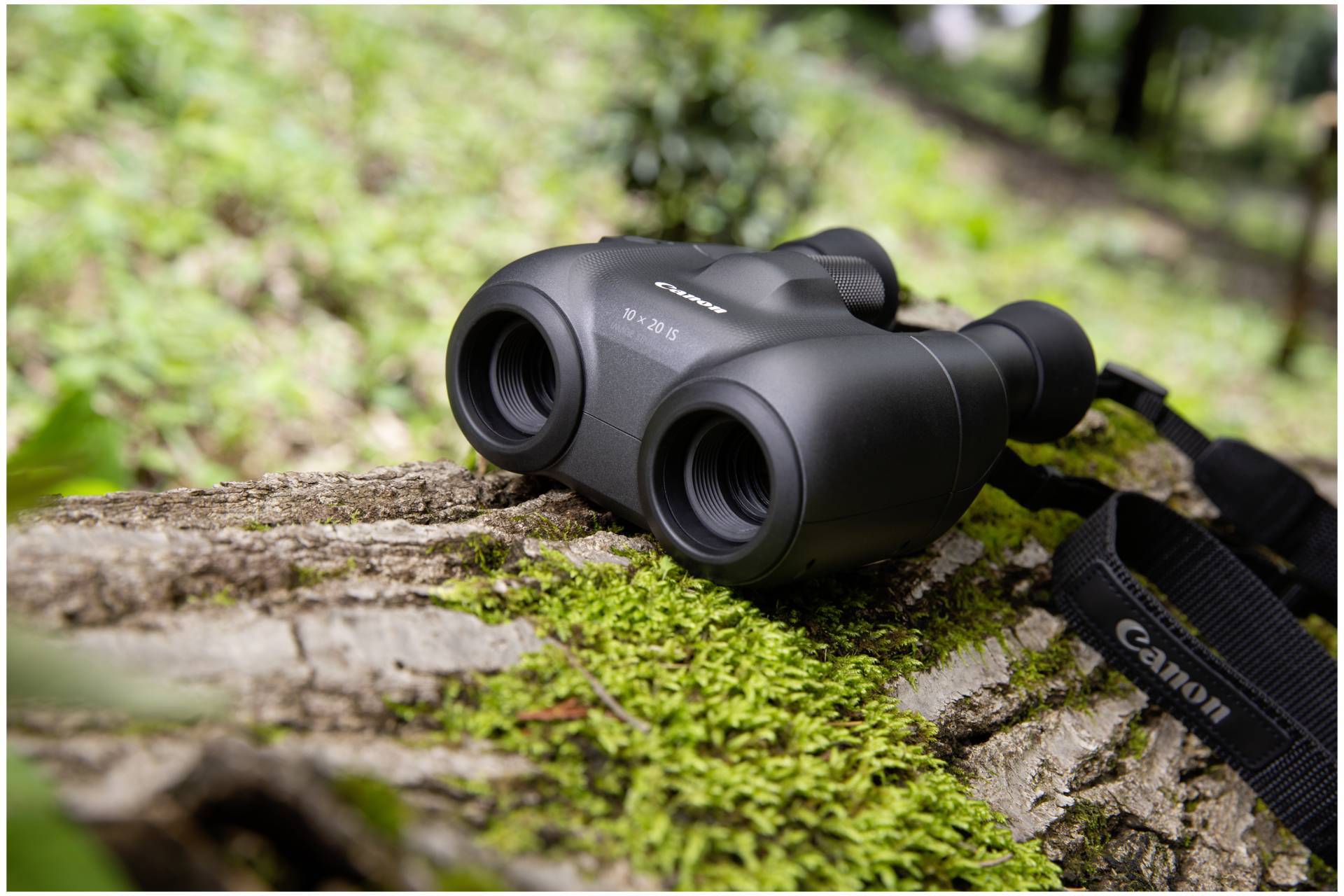 Lornetka leży na porośniętym mchem pniu drzewa w lesie, gotowa do obserwacji ptaków lub zwiedzania przyrody.