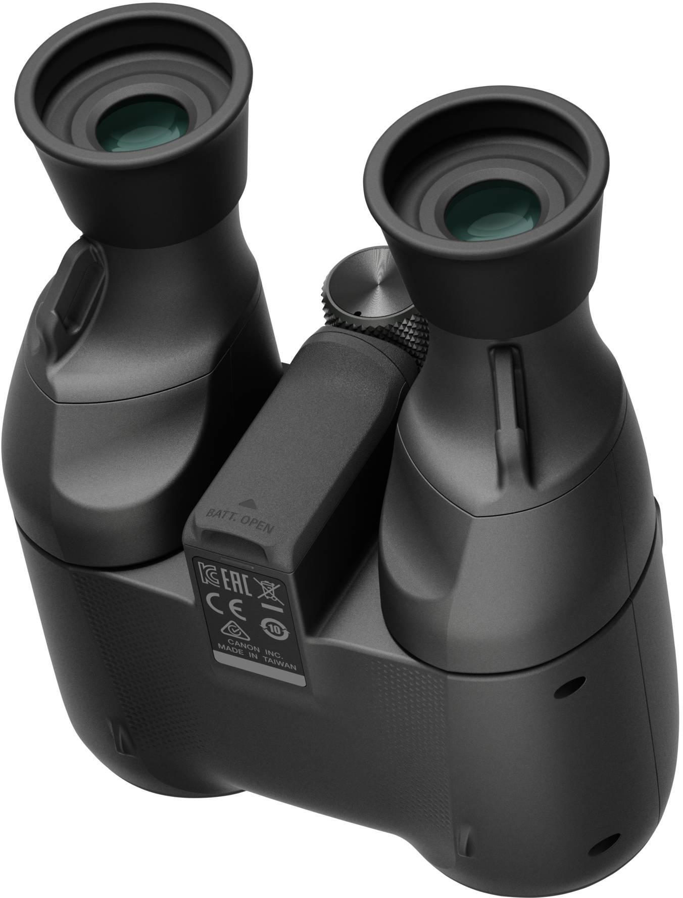 Czarna lornetka z dwoma okularami i zielonymi szkłami, widok z góry, odpowiednia do obserwacji odległych obiektów.