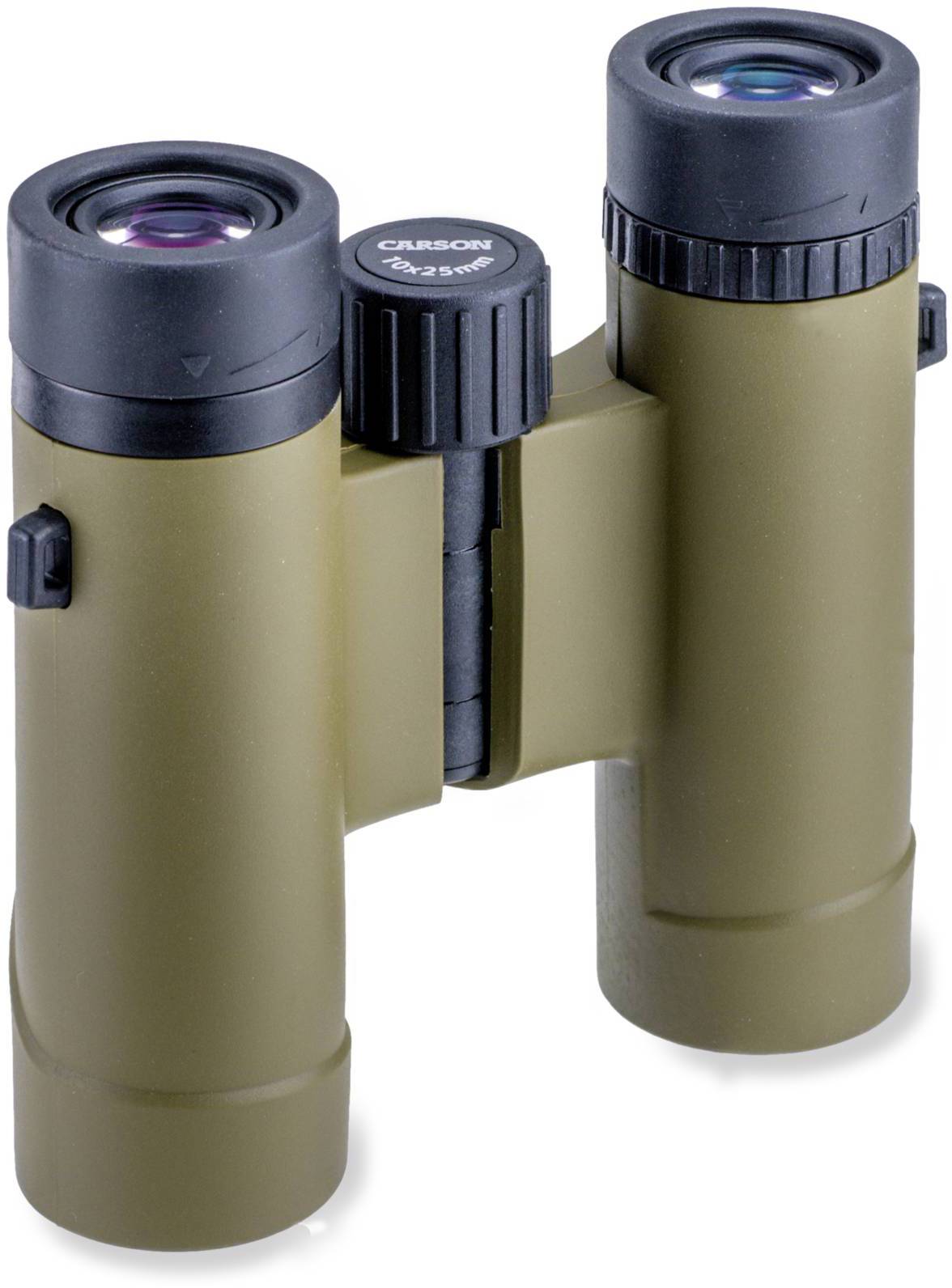 Lornetka z oliwkowozielonymi, cylindrycznymi obudowami i czarnym okularem jest przedstawiona. Idealna do aktywności na świeżym powietrzu.