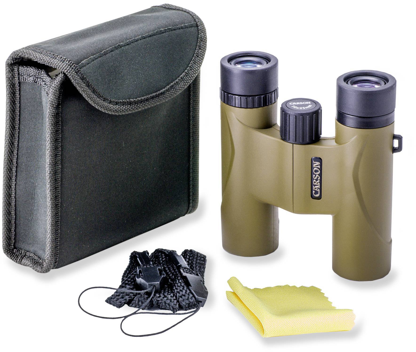 Lornetka w kolorze oliwkowym z etui, paskiem do noszenia i ściereczką do czyszczenia. Idealna do aktywności na świeżym powietrzu i obserwacji ptaków.