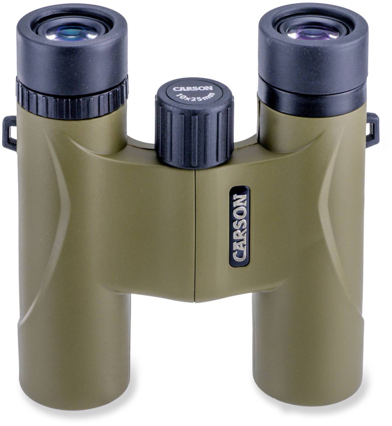 Oliwkowozielona lornetka z napisem 'Carson' pośrodku. Posiada dwa okulary i kompaktową budowę.