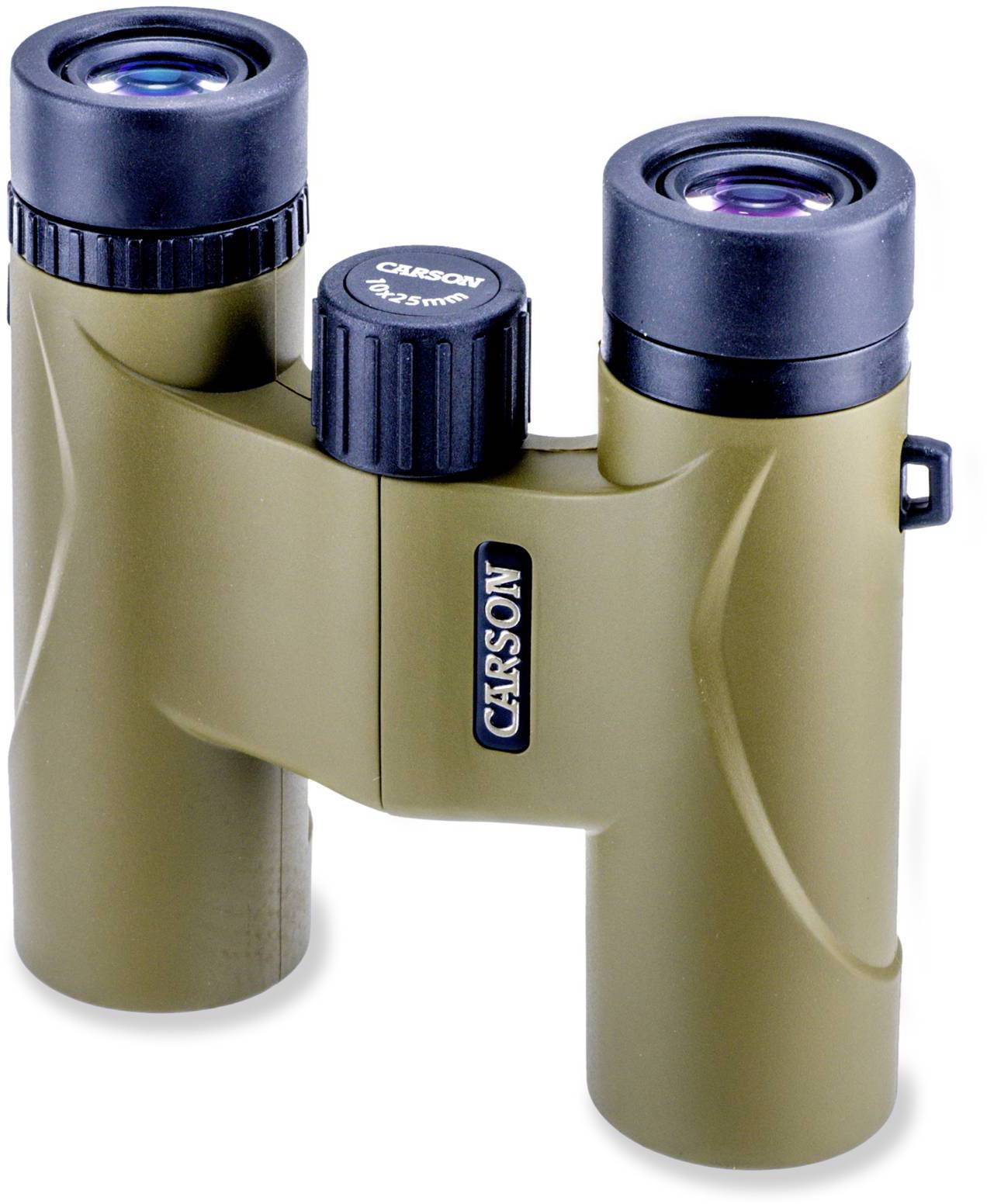 Kompaktowa, składana lornetka w oliwkowozielonym obudowie z czarnym kółkiem fokusowym, idealna do aktywności na świeżym powietrzu.