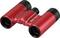 Czerwona lornetka z czarnym pokrętłem i napisem 'Nikon Aculon'.