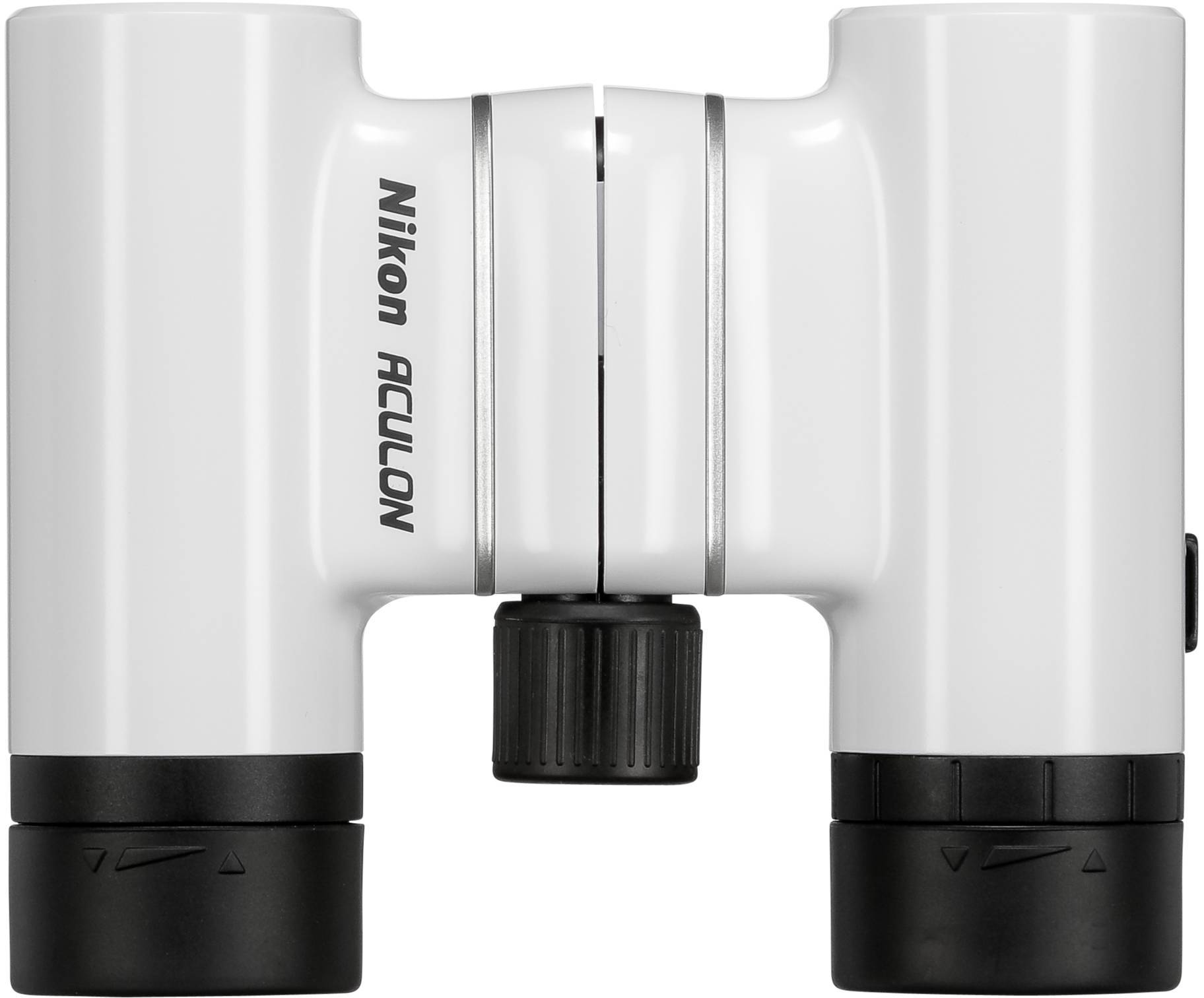 Białe lornetki Nikon Aculon z czarnym kółkiem ostrości i naocznikami, widok z przodu.