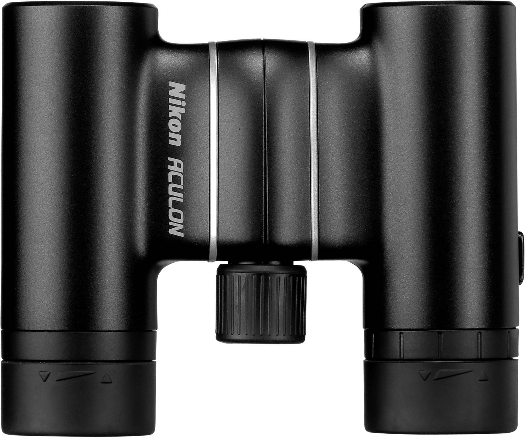 Kompaktowa, czarna lornetka z napisem 'Nikon Aculon' na boku.