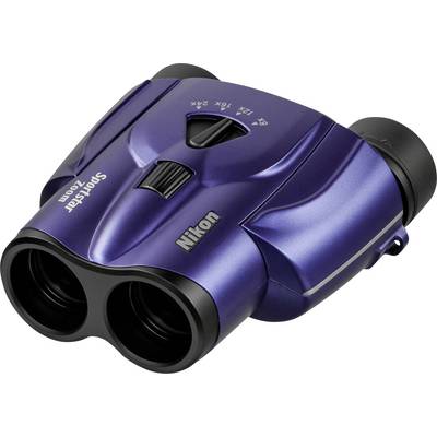 Niebieska lornetka marki Nikon, model 'Sportstar Zoom', z 10-krotnym powiększeniem i sterowaniem zoomem na górnej powierzchni.