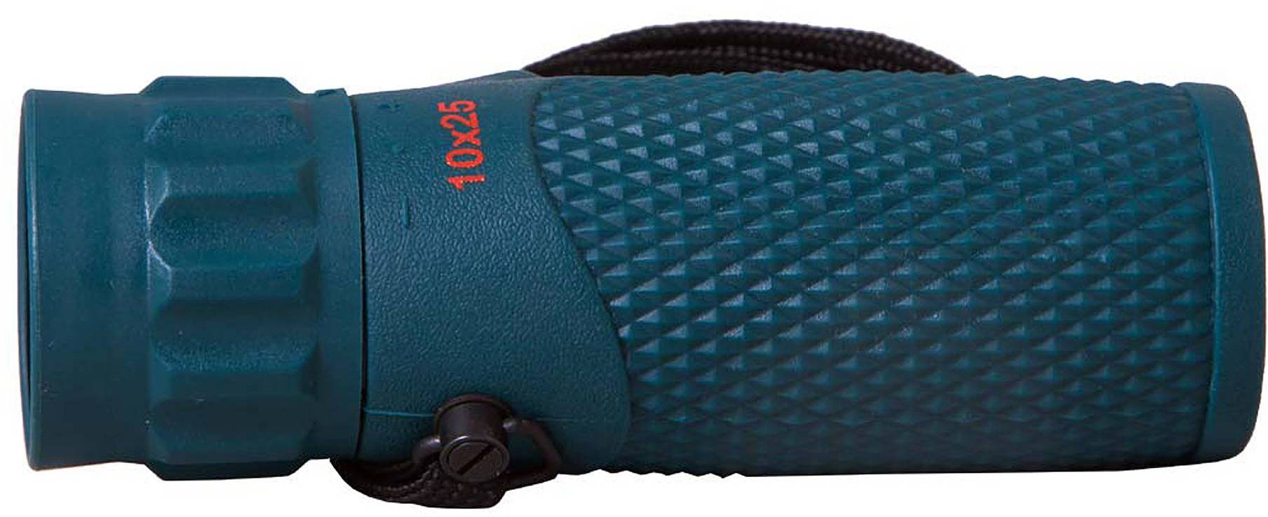 Monokular w kolorze turkusowym z gumowanym uchwytem, oznaczenie '10x25'.