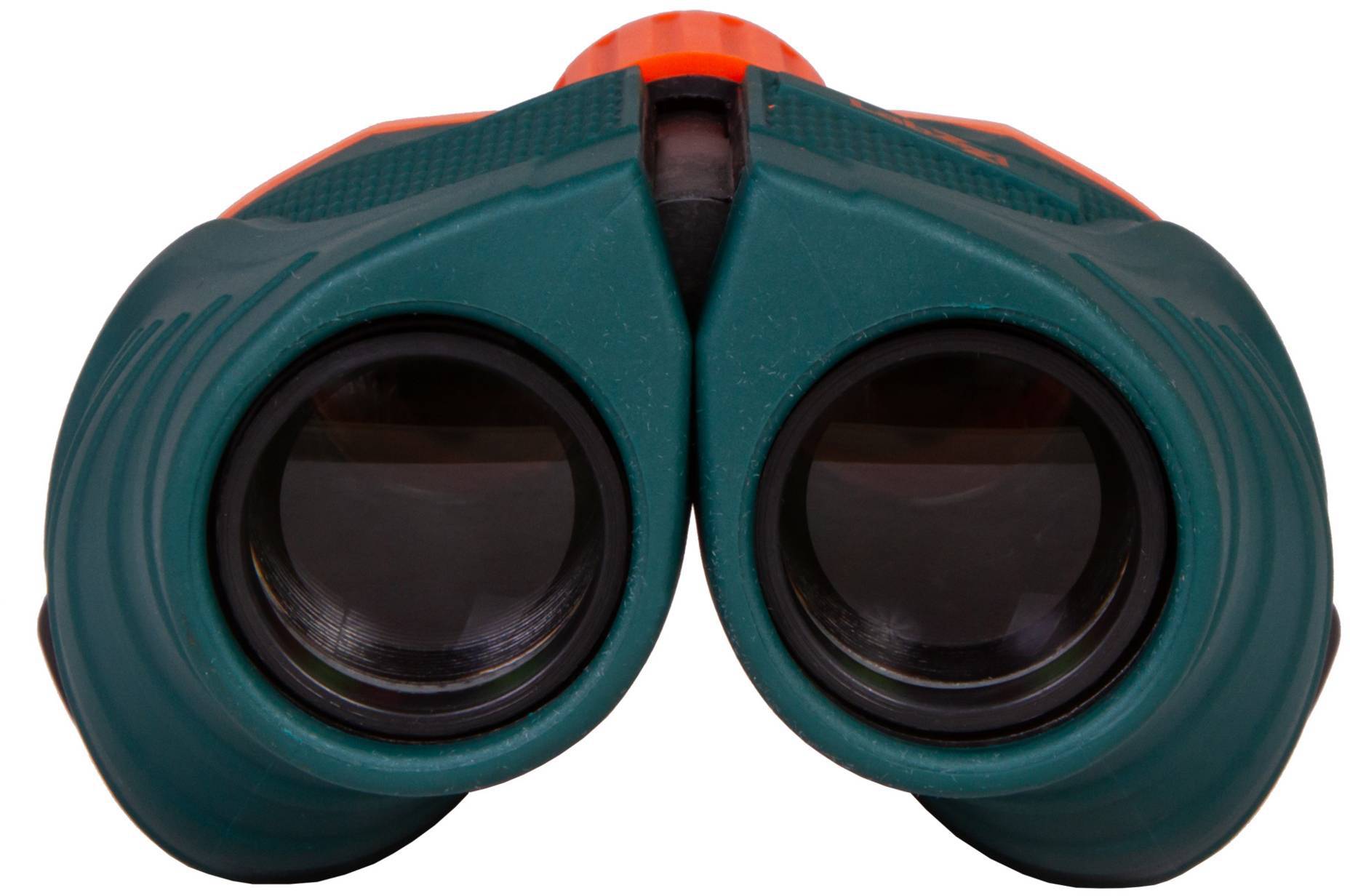 Zabawkowa lornetka w kolorach niebieskim i pomarańczowym, widok z przodu pokazujący obie soczewki.