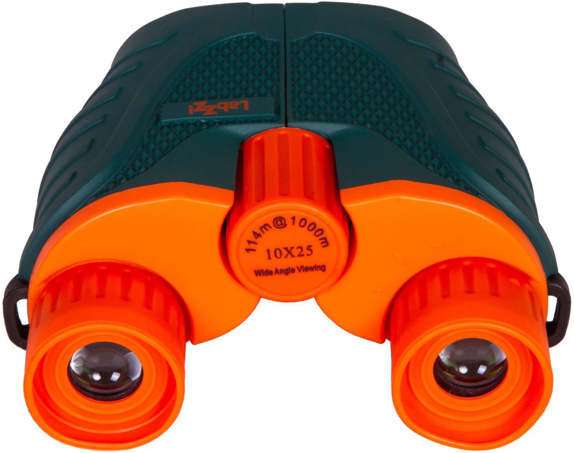 Lornetka w kolorach zielonym i pomarańczowym z napisem '10x25'.