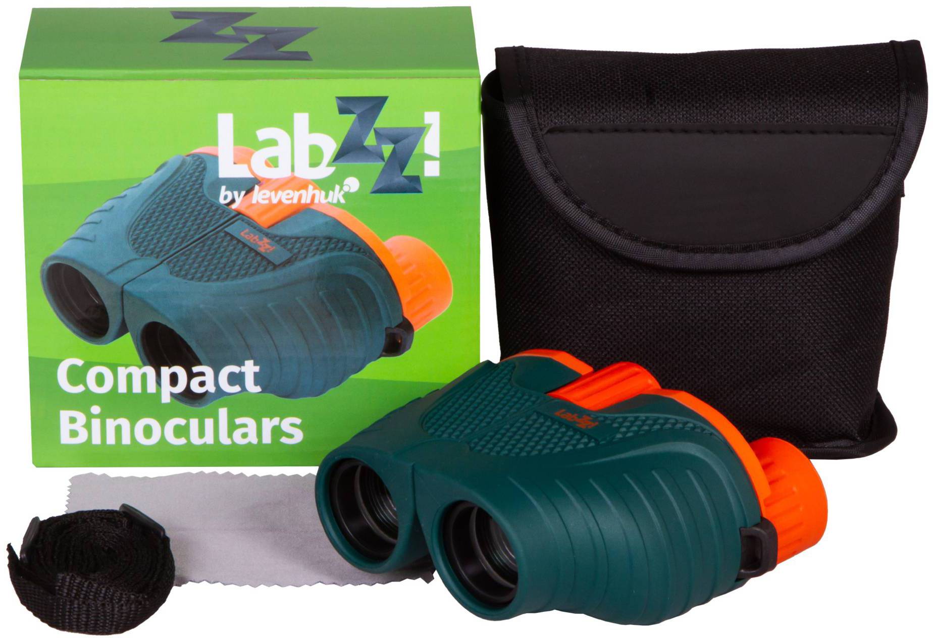 Zestaw lornetki z etui, paskiem do noszenia i ściereczką do czyszczenia. Opakowanie prezentuje zieloną lornetkę z pomarańczowymi detalami i napisem 'Lornetka kompaktowa'.