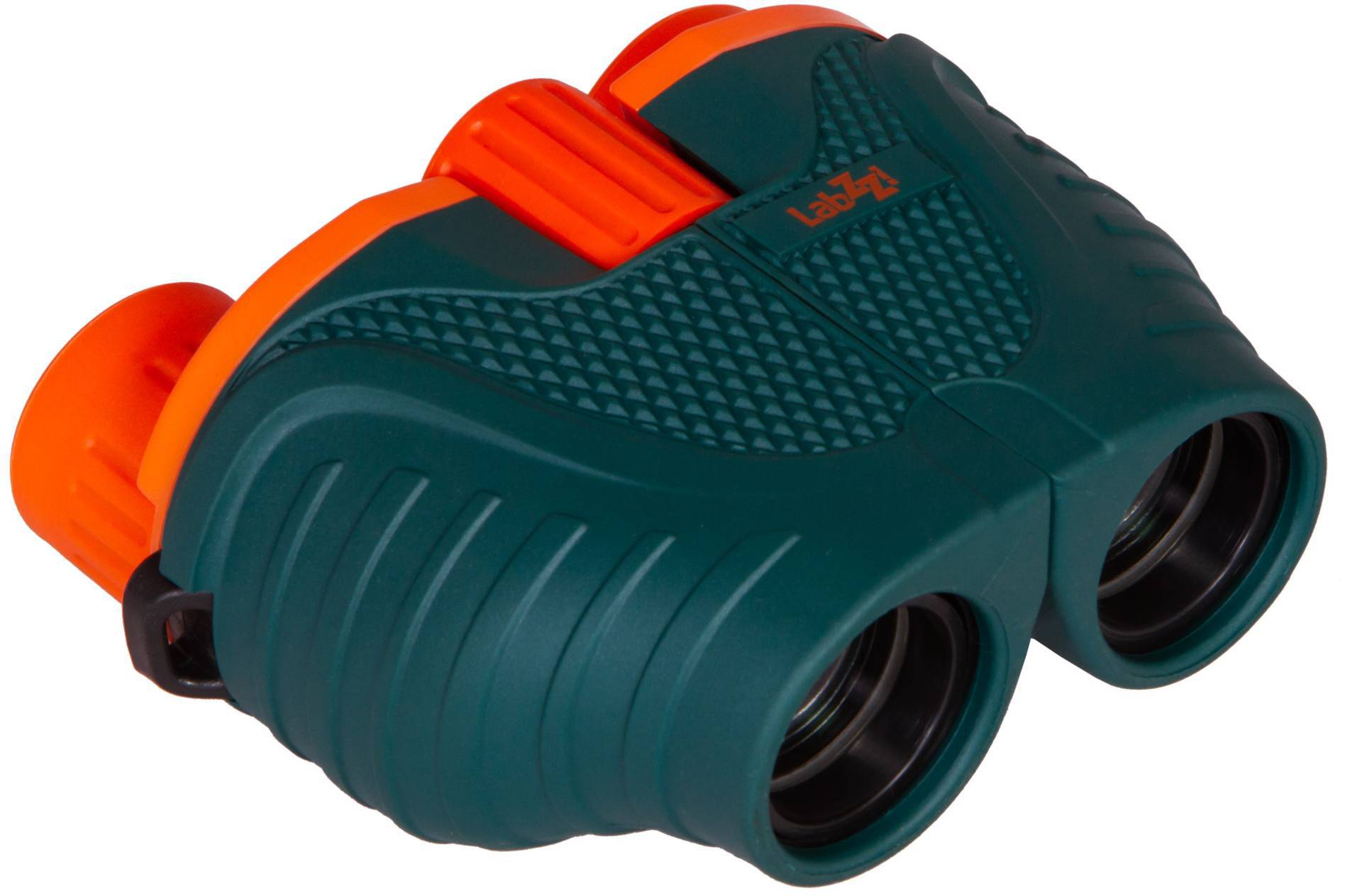 Zielona i pomarańczowa plastikowa lornetka zabawkowa, odpowiednia rozmiarem i designem dla dzieci.